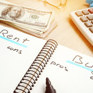 A notepad with Rent and Buy written on two pages, and a pros and cons list on each page. A stack of money and a calculator sit nearby.