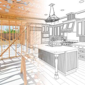 An image of a kitchen where half of the kitchen is a drawing and the other half is under construction to show a dream space.